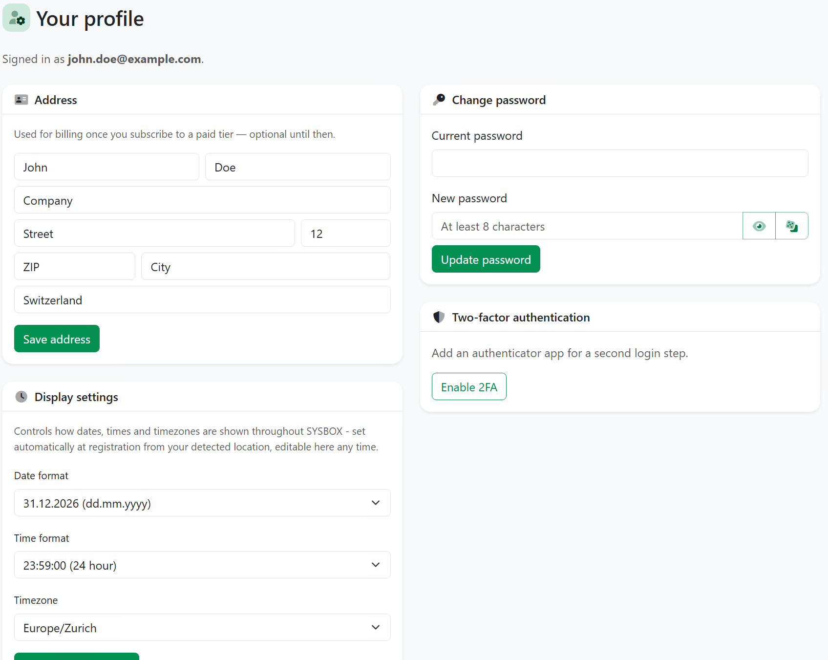SYSBOX profile page - billing address, password, two-factor authentication and display settings, shared by every product